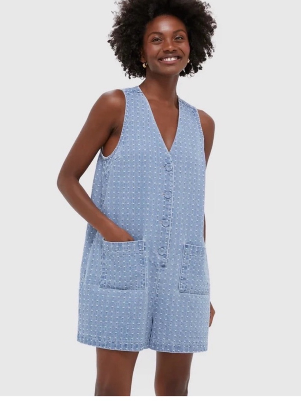 Tuckernuck Light Wash Denim Dot Myla Romper - Small